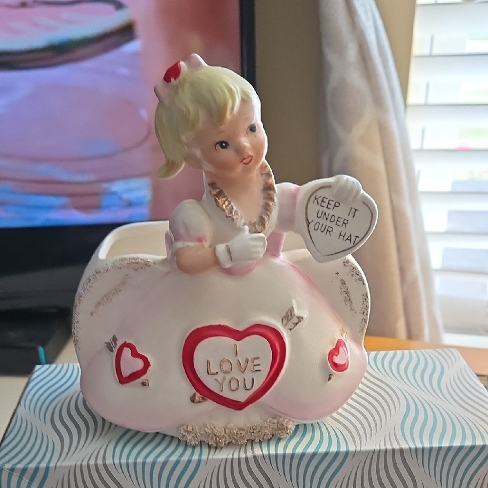 Vintage Ceramic Girl Vase  Figurine with Heart Accents